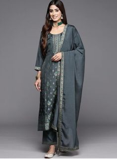 * Floral Woven Design Zari Embroidered Kurta with Trousers & Dupatta Silk Kurta Set / Pakistani Salwar Kameez / Indian Wedding Dress / Plus Size Cotton Dress / Traditional Indian Wear / Salwar Kameez Dupatta / Kurti Palazzo Set    * Grey woven design Kurta with Trousers with dupatta * Kurta design:- * Ethnic motifs woven design * Straight shape * Regular style * Round neck, three-quarter regular sleeves * 2 pockets zari detail * Calf length with straight hem * Silk blend fabric * Trousers design Summer Wear For Women, Kurti Palazzo Set, Silk Kurta Set, Design Kurta, Yoke Design, Kurti Palazzo, Pakistani Salwar, Dress Traditional, Ethnic Motifs