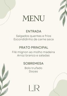 the menu for an italian restaurant with green leaves and branches on it, in pastel colors