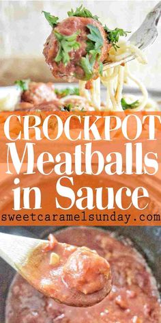 crockpot meatballs in sauce on a spoon with the title text overlay