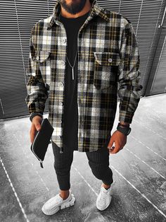 Casual Check Textured Long Sleeve Jacket Plaid Outerwear With Pockets For Streetwear, Plaid Long Sleeve Outerwear For Streetwear, Urban Single Breasted Long Sleeve Outerwear, Urban Single-breasted Long Sleeve Outerwear, Urban Plaid Long Sleeve Outerwear, Urban Shacket With Flap Pockets, Urban Long Sleeve Shacket With Flap Pockets, Urban Plaid Outerwear For Fall, Street Beat