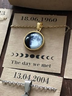 Custom birth moon necklace, stainless steel necklace! ♥ Please enter the date that means something to you! We will make a necklace from the moon phase which appeared that night. It can be any date  past or future (birthday, children, wedding...). → MEASUREMENTS: * Silver or gold Pendant (stainless steel) : 16mm / 0,63"  in diameter.  * Total length of chain (stainless steel) is 40 cm /16" or 60cm/23" (select your chain length from the drop-down bar) → MATERIALS: * Silver or Gold finish (stainles Moon Phase Necklace In Metal, Moon Phase Metal Necklace In Moon Shape, Metal Moon Phase Necklace, Stainless Steel Circle Jewelry For Gifts, Circular Stainless Steel Jewelry Gift, Moon Print Moon Shaped Necklace For Gift, Moon Print Moon Shaped Necklace Gift, Moon Print Moon-shaped Necklace Gift, Moon Shaped Necklace With Moon Print For Gift