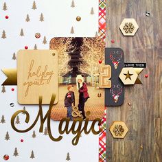 a scrapbook page with christmas photos and words on it, including an image of two children