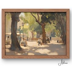 a painting of people sitting and walking in a park