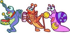 three cartoon bugs playing musical instruments together in the same color and font, each with an individual's name on it