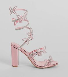 These stunning rhinestone butterfly spiral metallic heels will create the dreamiest formal look so you feel like a true queen! Designed with a metallic sheen on the faux leather material, these heels feature an open almond toe, dual straps, and a spiral strap design that wraps around the leg for that trendsetting vibe. Shoes For Hoco, Pink Prom Heels, Slay Shoes, Quince Heels, Glitter Clutch, Purple Bridesmaid Dresses, Prom Heels