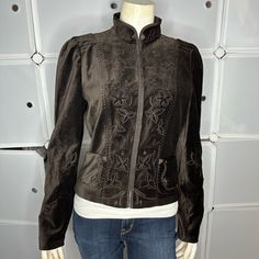 Elie Tahari Steampunk Victorian Embroidered Velvet Jacket Size Small Steampunk Fashion Borrows Heavily From Victorian-Era Clothing Styles, And Brooding Romantics Of The Late 19th Century. This Stunning Velvet Jacket By Elie Tahari Teatures Exceptional Attention To Quality And Details. Work Of Art. Condition: Excellent Pre-Owned Corseted Cropped Silhouette With Adjustable Criss Cross Tie On Back Mandarin Collar 2 Front Patch Pockets Hook And Eye Closures Embroidered Stitching, Metallic Accents Th Fall Festival Long Sleeve Leather Jacket, Long Sleeve Leather Jacket For Fall Festivals, Winter Festival Long Sleeve Leather Jacket, Fall Festival Leather Jacket, Embroidered Leather Jacket For Fall, Fitted Embroidered Leather Jacket For Fall, Fall Fitted Embroidered Leather Jacket, Embroidered Fitted Leather Jacket For Fall, Fitted Leather Jacket For Festival