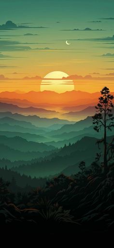 the sun is setting over mountains and trees