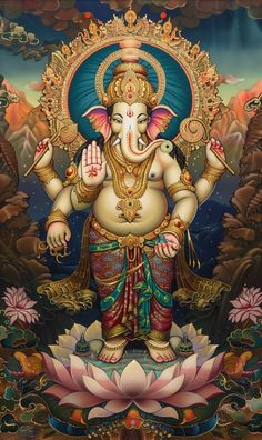 an image of the god ganesha with lotuses and mountains in the background