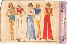 1970s Halter Tops Pants Shorts SZS 13/14 Simplicity 6349 Sizes 13 & 14  BUST 33½"  WAIST 26"  HIP 36½" Pinafore Top pattern pieces cut.  Remainder - UNCUT.  Instructions here.  Envelope is in poor shape. Sewing pattern to make: Knit Top; Pinafore Halter Style Top; Wide leg Pants; Shorts ~ low round neckline; short sleeves; ruffles; tie ends; bias ties; front zipper; waistband; cuffs; short length; short sleeves; sleeveless; Sew a summer sun outfit! Re-sizing a pattern is simple, instructions may Vintage Stretch Pants, Summer Vintage Bottoms With Retro Print, 1970s High Waist Summer Bottoms, High Waist 1970s Summer Bottoms, 1970s Wide Leg Summer Bottoms, 1970s Outfits, 70s Sewing Patterns, 1970s Fashion Women, Pinafore Top