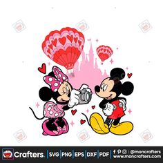 mickey and minnie mouse kissing in front of a castle with hot air balloons on it