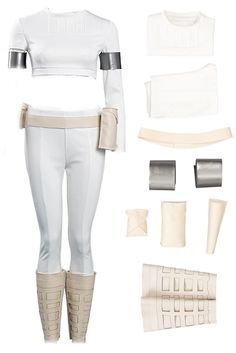 a woman's white outfit and accessories including boots, gloves, leggings