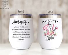 two personalized wine tumbles with names and pictures on them, one is for hair stylist