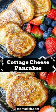 cottage cheese pancakes with fresh berries and powdered sugar on the top are ready to be eaten