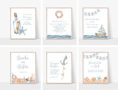 wedding cards with seashells, starfish and ship on the sea shore in watercolor style