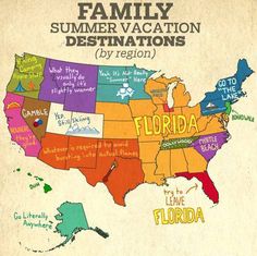 a map of the united states with words written on it that read family summer vacation destinations by region