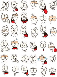 cartoon faces with different expressions and facial expressions, all drawn in one line by hand