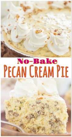 no - bake pecan cream pie with whipped cream on top and the bottom