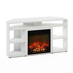 a white entertainment center with a fire in the fireplace