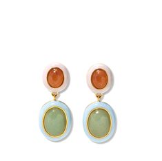 These colorful and playfully elegant drop earrings are ripe for the picking! In gold-plated brass and enamel linked ovals, with peach and green aventurine stone inlay. Gold-plated brass, enamel, aventurine Sterling silver posts Drop: 1.5“ Green Aventurine Stone, Lizzie Fortunato, Peach And Green, Stone Inlay, Jewelry Lookbook, Jewelry Inspo, Green Aventurine, Chain Pendants, Papaya