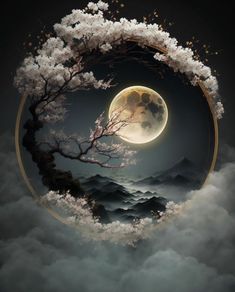 a full moon is seen in the sky above clouds and trees with white flowers on them