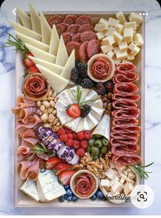 an assortment of meats and cheeses on a tray