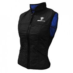 a women's black vest with blue sleeves and white lettering on the chest, in front of a white background