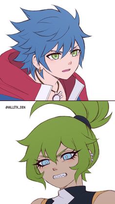 two anime characters one with green hair and the other with blue eyes