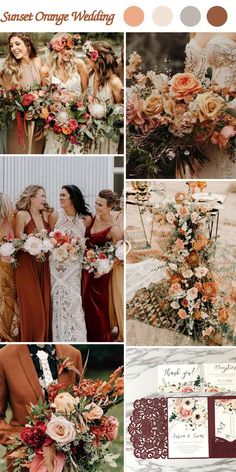 an orange and brown wedding color scheme with flowers, greenery and bridesmaids