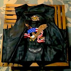 Men’s Leather Motorcycle Vest, With Eagle And American Flag, Size 52, Leather Club Brand, Harley Patches On The Back As Well As 100th Anniversary Harley Davidson Pin On The Front. Motorcycle Vest, 100th Anniversary, Leather Men, American Flag, Black Red, Harley Davidson, Mens Jackets, Black And Red, Jackets & Coats