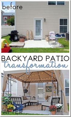 before and after photos of an outdoor patio transformed into a backyard patio with string lights