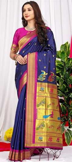 Blue color Saree in Silk fabric with Weaving, Zari work Blue Saree With Weaving Work For Wedding, Blue Traditional Wear With Weaving Work For Diwali, Blue Traditional Wear For Wedding With Weaving Work, Blue Color Saree, Traditional Saree, Zari Work, Traditional Sarees, Blouse Length, Silk Fabric