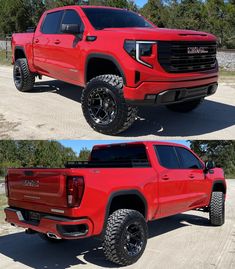 two pictures of the front and rear sides of a red truck with large tires on it