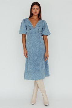 Shop the Elias Puff Sleeve Midi Dress Denim | Selfie Leslie Chic Medium Wash Denim Dress With Puff Sleeves, Fitted Denim Puff Sleeve Dress, Chic Denim Blue Short-sleeve Midi Dress, Relaxed Fit Midi-length Medium Wash Denim Dress, Washed Blue Button-up Denim Dress, Tan Mules, Selfie Leslie, Puff Sleeve Midi Dress, Denim Midi Dress