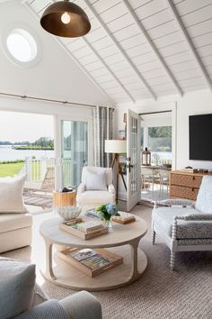 a living room filled with furniture and a flat screen tv on top of a wall