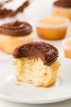 a cupcake with chocolate frosting on a plate