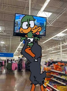 a cartoon character standing in the middle of a store with a television on his head