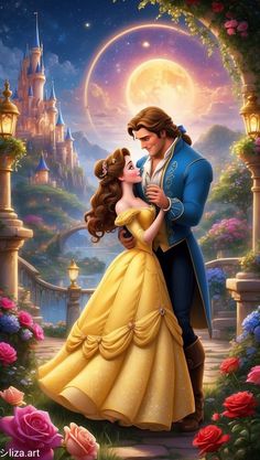 the beauty and the beast are kissing in front of a castle with roses on it