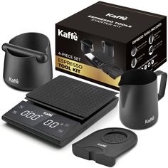 the kaffe coffee maker and scale are in front of a black box with its lid open