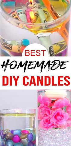 the best homemade diy candles in a glass container with pink flowers and crayons