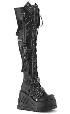 STOMP-310 Black Vegan Leather Knee High Platform Boots-Demonia-Tragic Beautiful Alternative Style Knee-high Platform Boots With Round Toe, Alternative Style Platform Knee-high Boots With Round Toe, Alternative Style Platform Knee-high Boots, Alternative Fashion Knee-high Platform Boots With Round Toe, Platform Knee-high Boots With Round Toe For Alternative Fashion, Alternative Knee-high Leather Platform Boots, Alternative Style Knee-high Leather Platform Boots, Alternative Style Leather Knee-high Platform Boots, Gothic Leather Boots With Chunky Platform