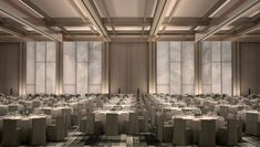 an empty banquet hall with tables and chairs