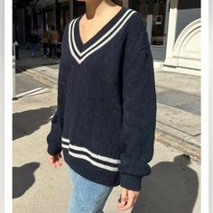 A Really Cute Long, Oversized Cable Knit Wool Blend V Neck Sweater With Contrasting White Stripes. Boyfriend Style Fit. Size: One Size See Pics For Tape Measure Fabric: 90% Wool, 10% Acrylic Condition: New Without Tag My Daughter Pulled It Off And Decided She Didn’t Like It. Color: Navy Blue, White Smoke-Tree, Pet Friendly Home. Please See Photo For Measurements. First Two Pics Are From The Web. Whit Shirt Not Included With The Sweater Dark Blue Patterned Sweater, Knitted Sweaters Dark Blue, Brandy Meville Sweater, Brandy Brianna Sweater, Brandy Sweater, Brandy Melville Sweaters, Pullover Outfit, Mini Slip Dress, Blue Wool