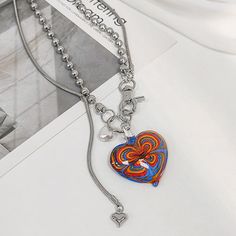 Length: 45cm/ 17.7 in Material: Zinc Alloy Trendy Multicolor Heart Charm Necklace, Artistic Silver Heart Necklace, Accessories Y2k, 90's Aesthetic, Kawaii Swimsuit, Find Aesthetic, Aesthetic Accessories, Aesthetic Jewelry, Colourful Necklace