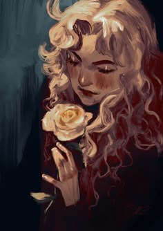 a painting of a woman with curly hair holding a rose in her hand and looking down