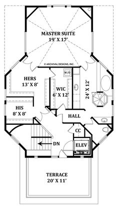 the first floor plan for a small cabin with lofts and living quarters on each side