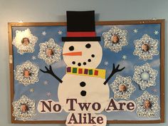 a bulletin board with a snowman in the middle and no two are alike on it