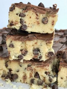 chocolate chip cookie bars stacked on top of each other