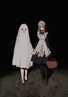 two people dressed up as ghost and one is holding a pumpkin in her hand while walking through the grass