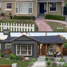 before and after pictures of a small house with brick walkway, front porch, and back yard