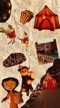 an image of some cartoon characters hanging from the ceiling with umbrellas in the background